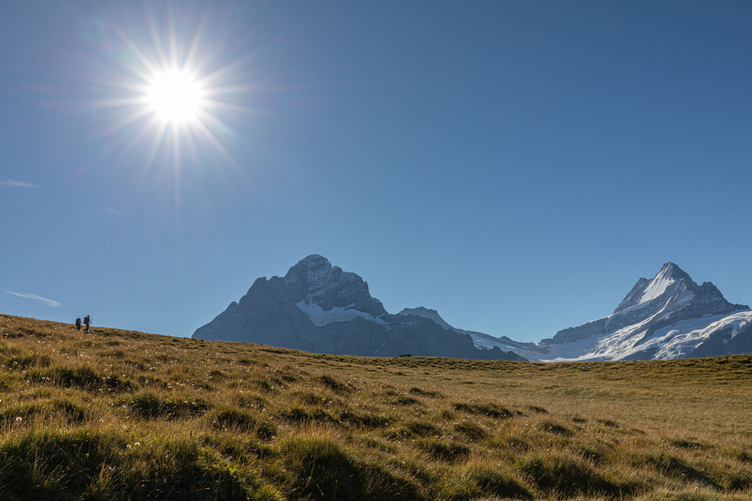 Winzige Wanderer verlieren sich in der gigantischen Bergkulisse im Berner Oberland