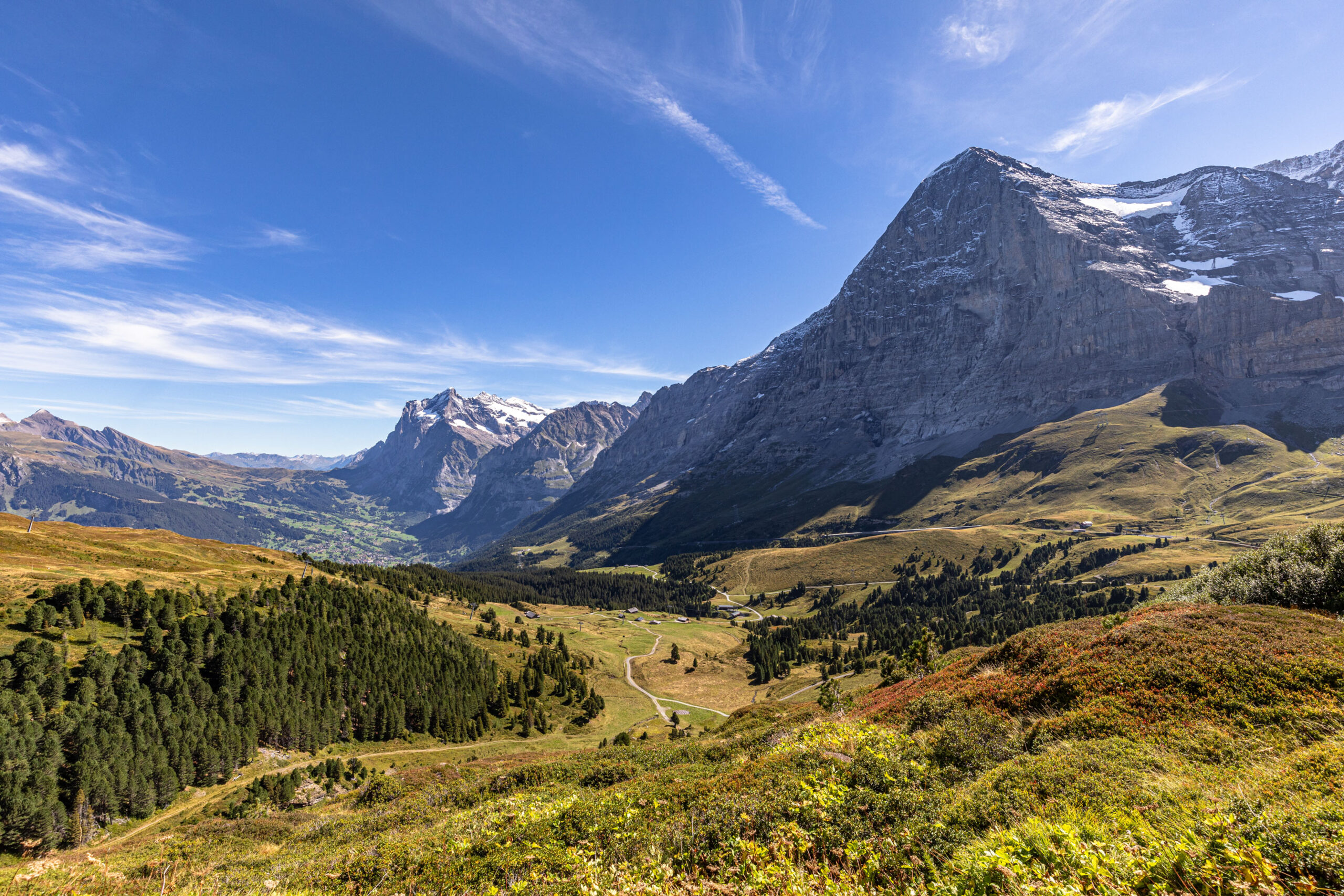 Blick ins Tal wo einer der bekanntesten Orte vom Berner Oberland liegt, Grindelwald.