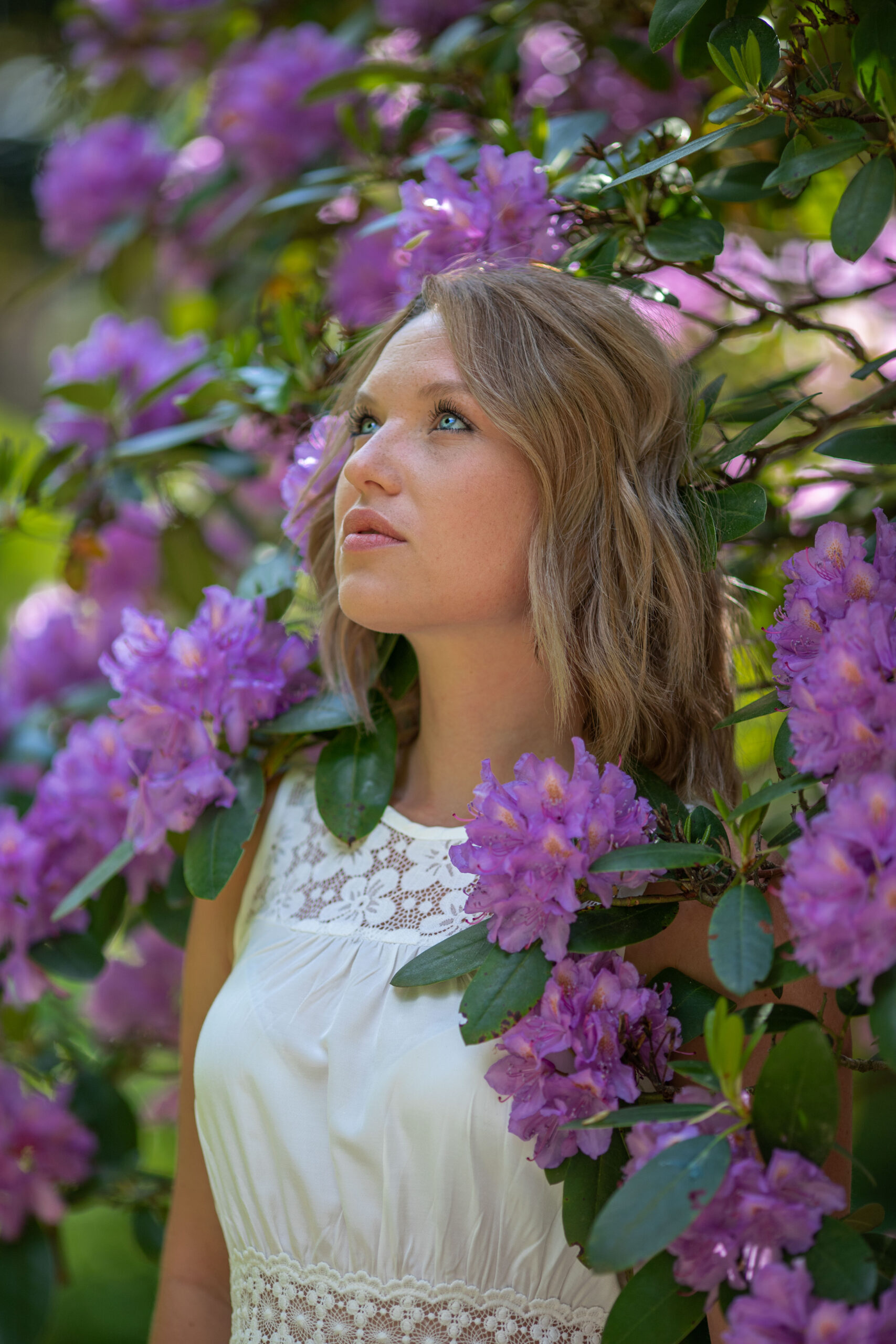 Junge Frau inmitten lila Blumen, Portraitfotografie, Portraits im Erzgebirge, Fotoshooting Erzgebirge, Fotoshooting in Thermalbad-Wiesenbad, Portraitshooting Annaberg-Buchholz und Umgebung