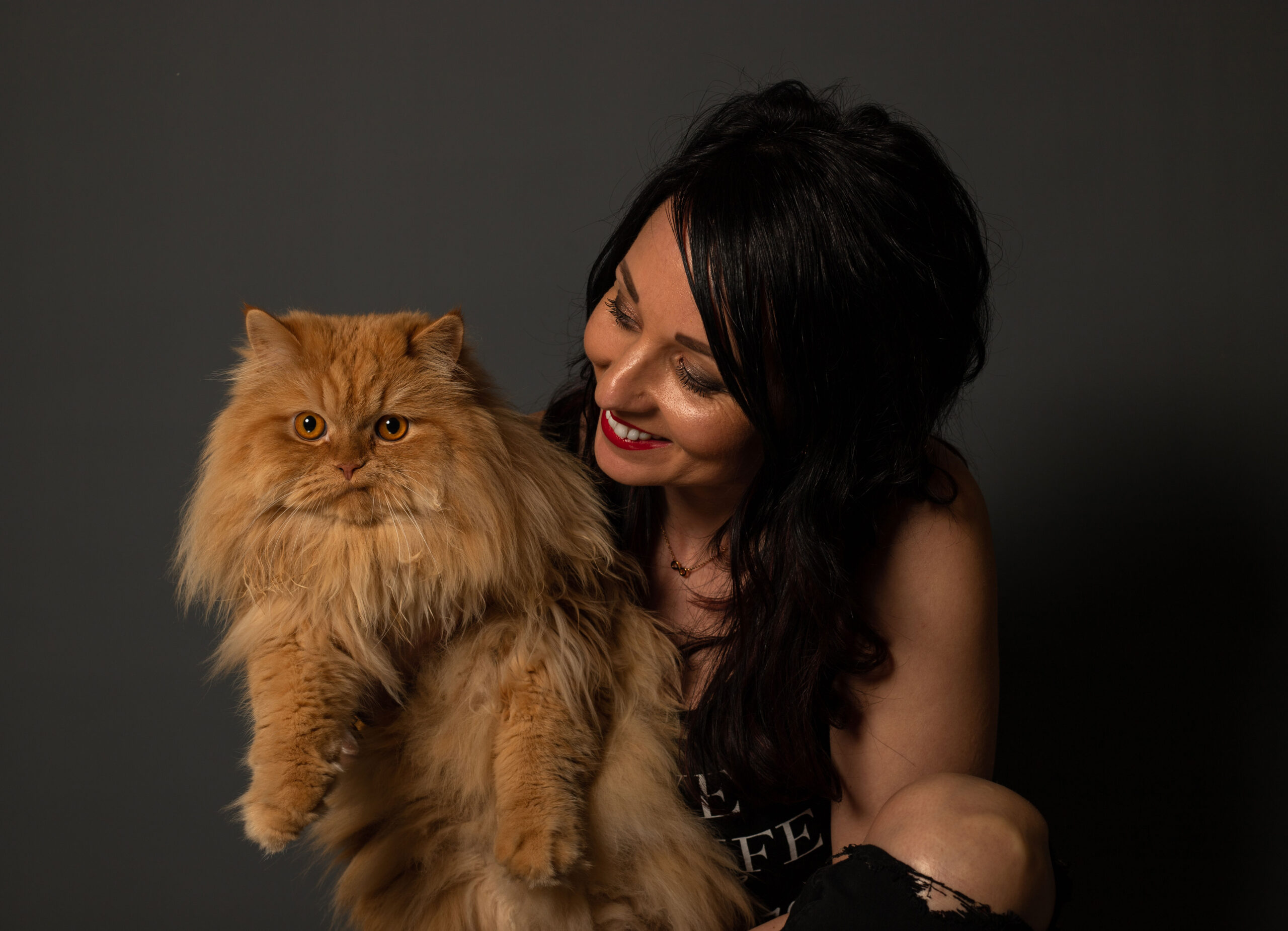 Frau mit Perserkatze im Fotostudio