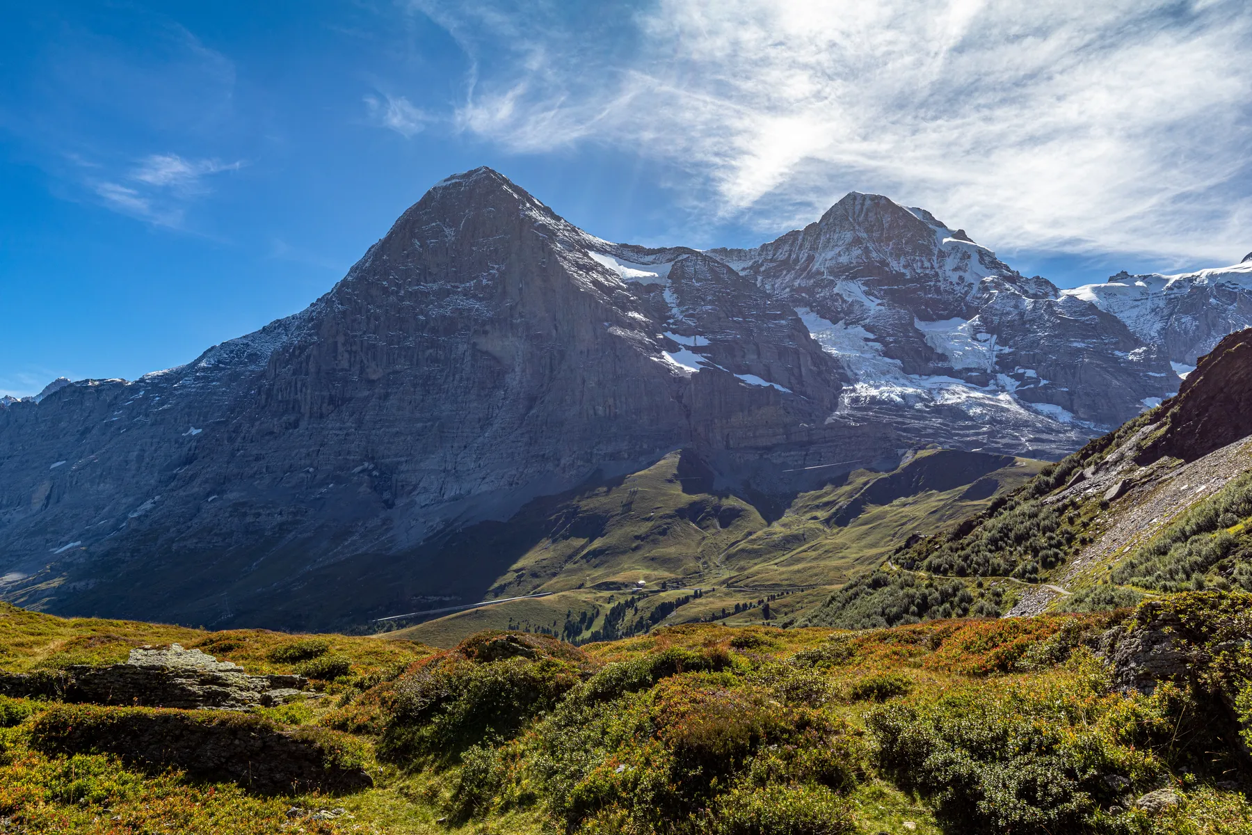 Eine malerische Berglandschaft die uns die steile Eiger Nordwand zeigt. Ringsum sind grüne Wiesen und etwas niedriger Baumbewuchs zu sehen. Der Himmel ist blau bis auf ein paar Schleierwolken. Im Tal ist Grindelwald zu sehen