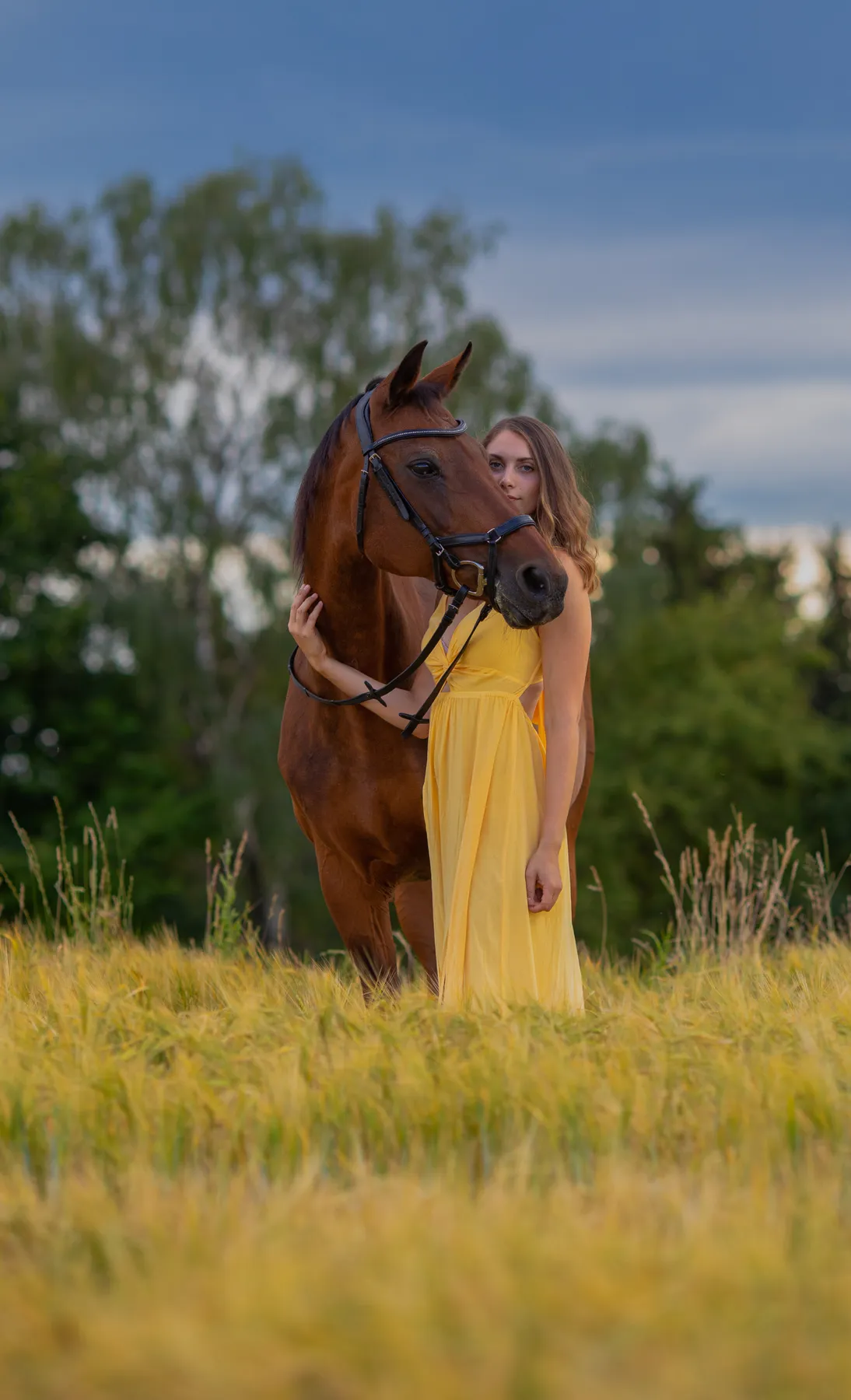 Eine Frau in einem wallenden gelben Kleid steht in einem Getreidefeld und hat eine Hand sanft an den Hals eines braunen Pferdes gelegt. Im Hintergrund sind Bäume und ein bewölkter Himmel zu sehen.