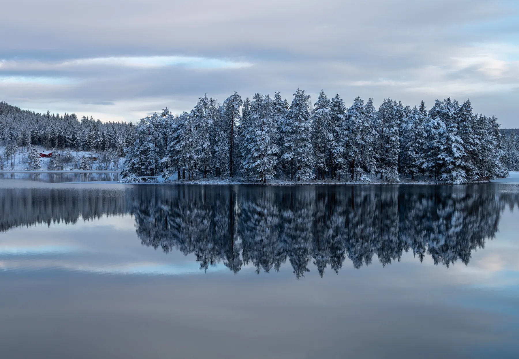 Schneebedeckte Kiefern säumen das Ufer eines ruhigen, kalten Sees, dessen Spiegelbild sich unter einem wolkenverhangenen Winterhimmel perfekt im ruhigen Wasser widerspiegelt. Links sind ein Hauch von Wald und ein kleines rotes Haus zu sehen.