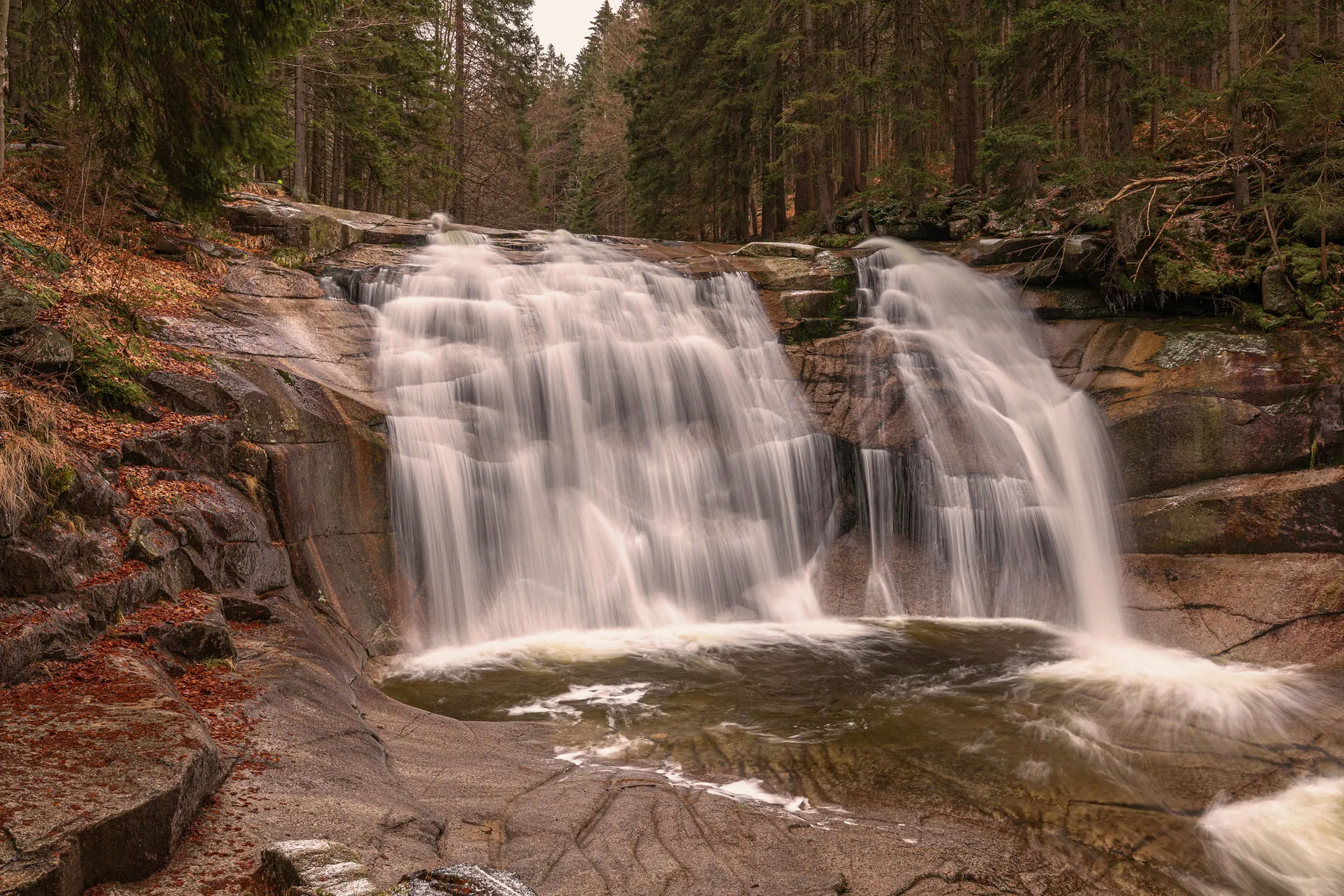 Der Mummelfall ist ein breiter , sanfter Wasserfall, der über glatte Felsen in ein klares, flaches Becken fließt, umgeben von einem dichten, immergrünen Wald und unter einem bedeckten Himmel.