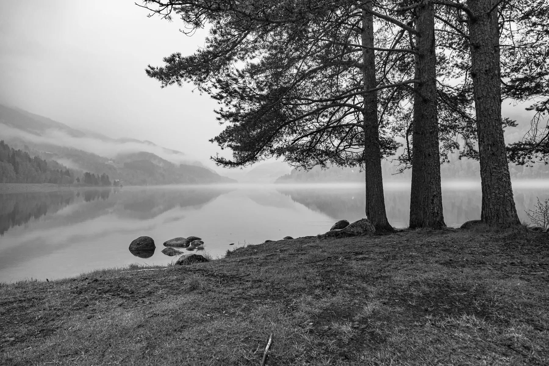 In einem ruhigen, nebligen See spiegeln sich die umliegenden Berge und Bäume. Am Ufer liegen glatte Steine, und rechts ragt ein Ast aus dem Wasser. Die Szene ist in Schwarz-Weiß gehalten und vermittelt eine friedliche, heitere Atmosphäre.