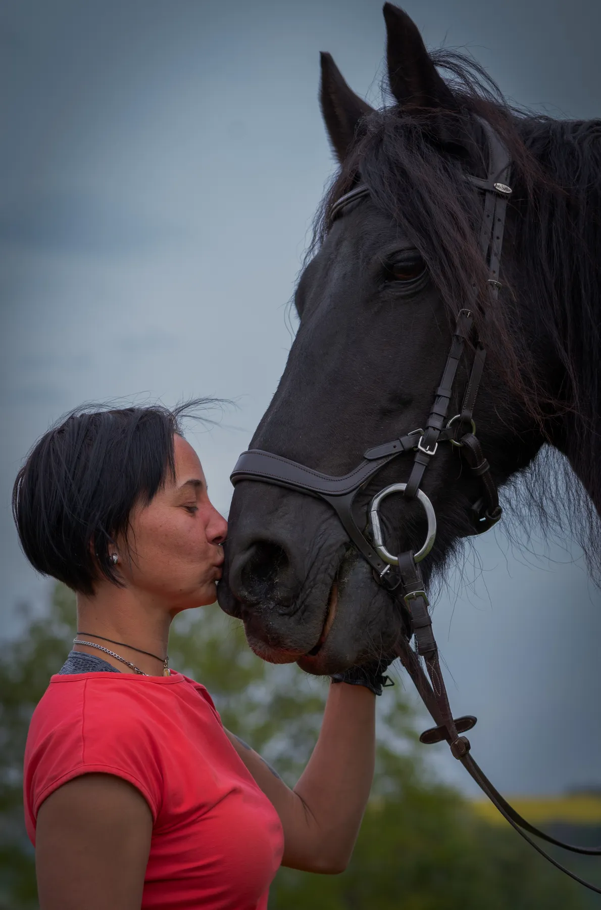 Emotionale Pferdefotografie im Erzgebirge: Eine Frau in rotem Shirt küsst liebevoll ihr schwarzes Pferd. Das innige Pferdeportrait zeigt die enge Verbindung zwischen Mensch und Tier in natürlicher Umgebung. Authentische Outdoor-Pferdefotografie mit ruhiger Stimmung und Fokus auf Vertrauen, Nähe und Pferdeliebe.
