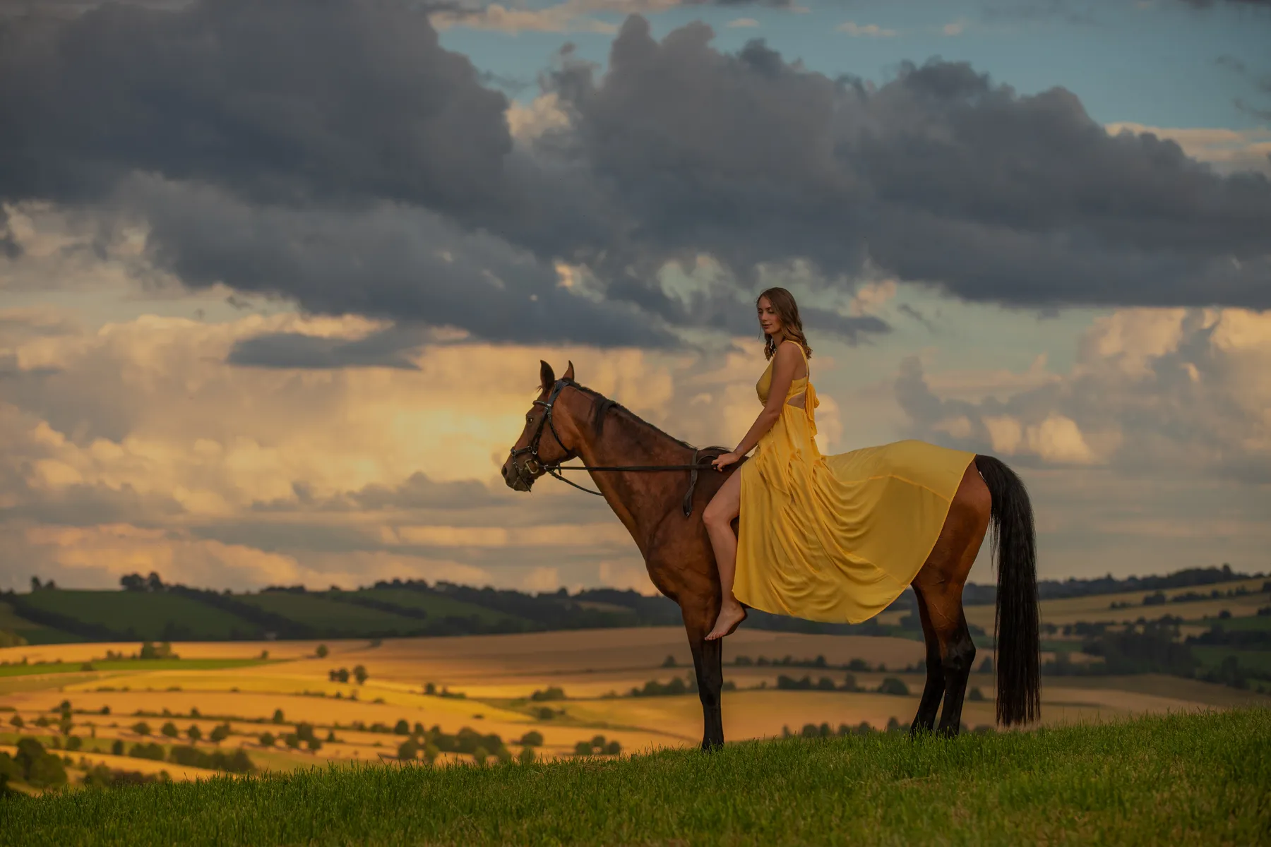 Eine Reiterin bekleidet mit einem langen gelben Kleid steht auf einem Grashügel, vor ihr die Landschaft des Erzgebirges mit Rapsfeldern