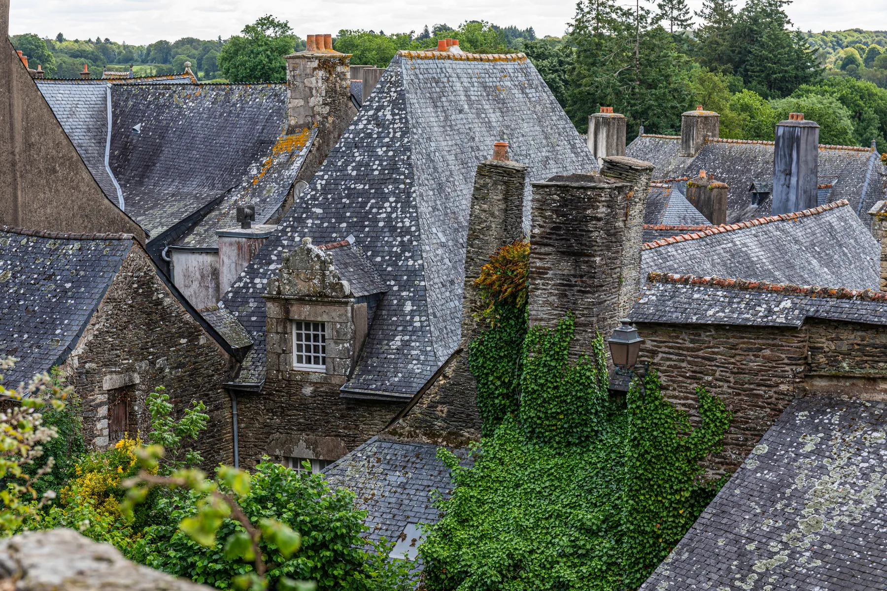 Blick auf alte Steinhäuser mit Schieferdächern, Moos und efeubewachsenen Mauern in einem Dorf, umgeben von grünen Bäumen und einem bewölkten Himmel im Hintergrund.
