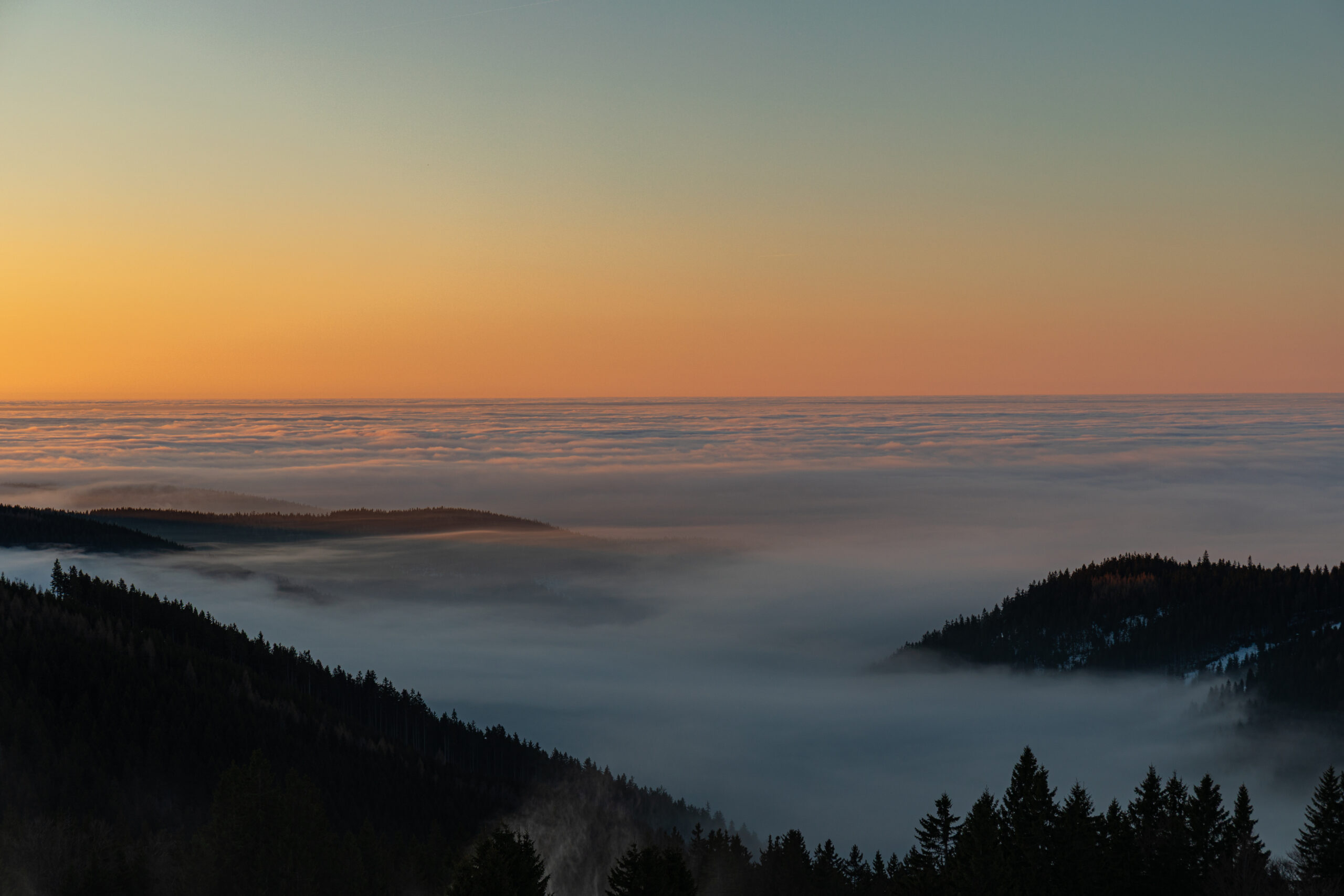 Ein Tal gefüllt mit Nebel im Morgenlicht, dazwischen schauen bewaldete Berghügel heraus. Der Himmel ist in zartes orange gefärbt