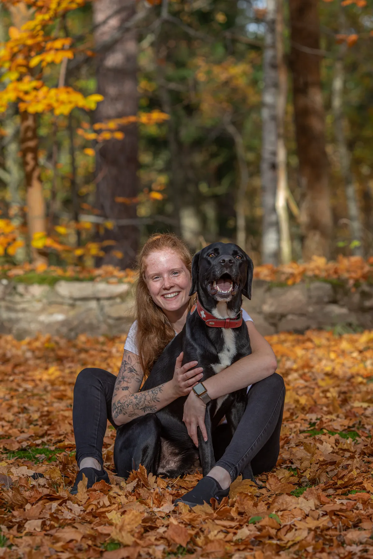 Junge Frau sitzt mit ihrem Hund im Herbstlaub, sie lächelt der Hund hat sein Maul offen. Beide schauen direkt in die Kamera
